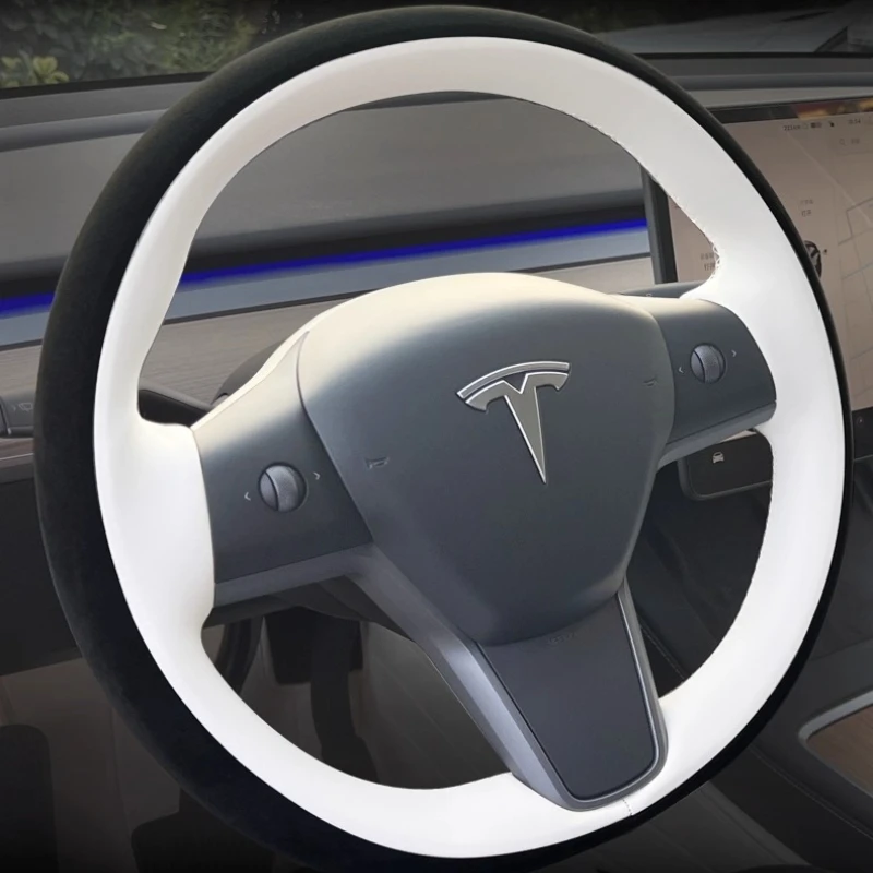 

For Tesla Model 3 Model Y 2018-2021 Hand stitched non-slip white Genuine Leather Black suede car Steering Wheel Cover