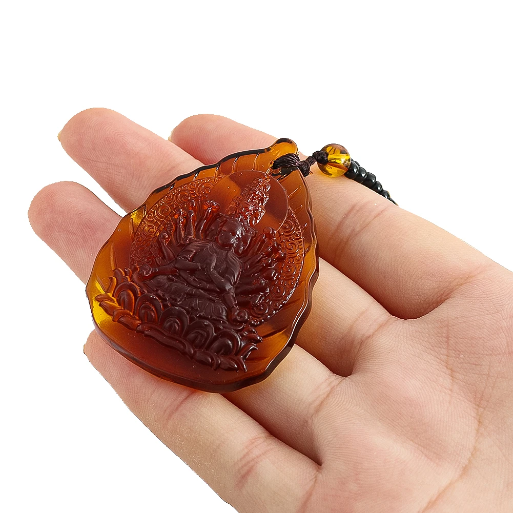 Colored Glaze Buddha Thousand-hand Bodhisattva Kannon Glass Pendant Necklace Spacer Bead Chain Amulet Choker Meditation Jewelry