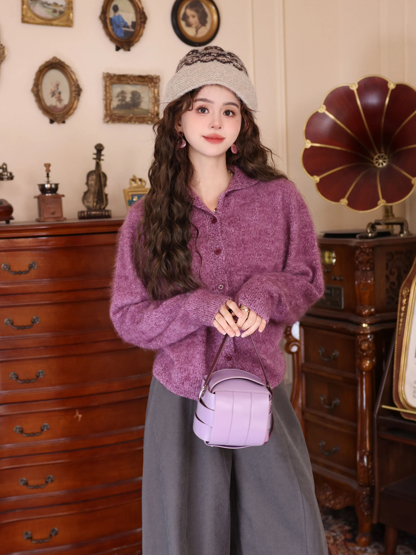 

Purple Knitted Open Cardigan Women's Sle Autumn Winter Single Button Lazy Top Warmth Emitting Long Sve round Ne Coat
