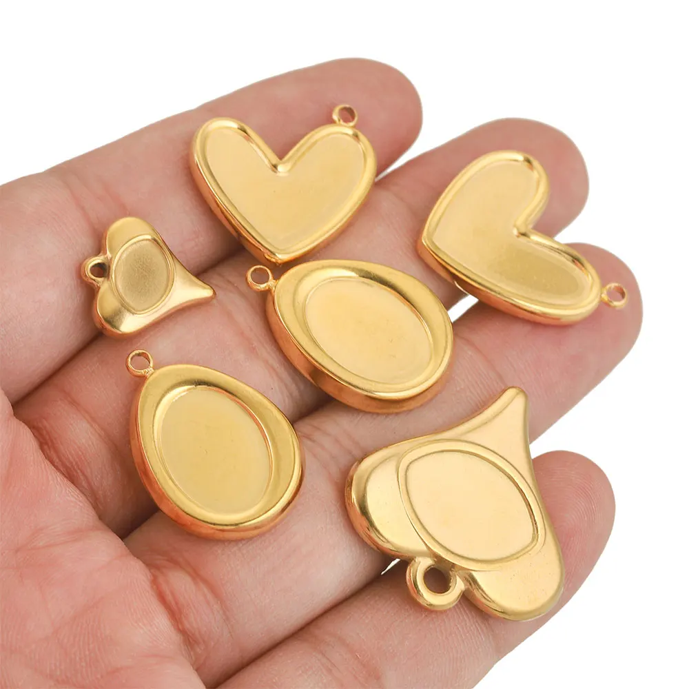 5pcs Stainless Steel Plated Gold Cartoon Heart Charms Pendant Blank Base Diy UV Resin Cameo Earrings Jewelry Making Supplies