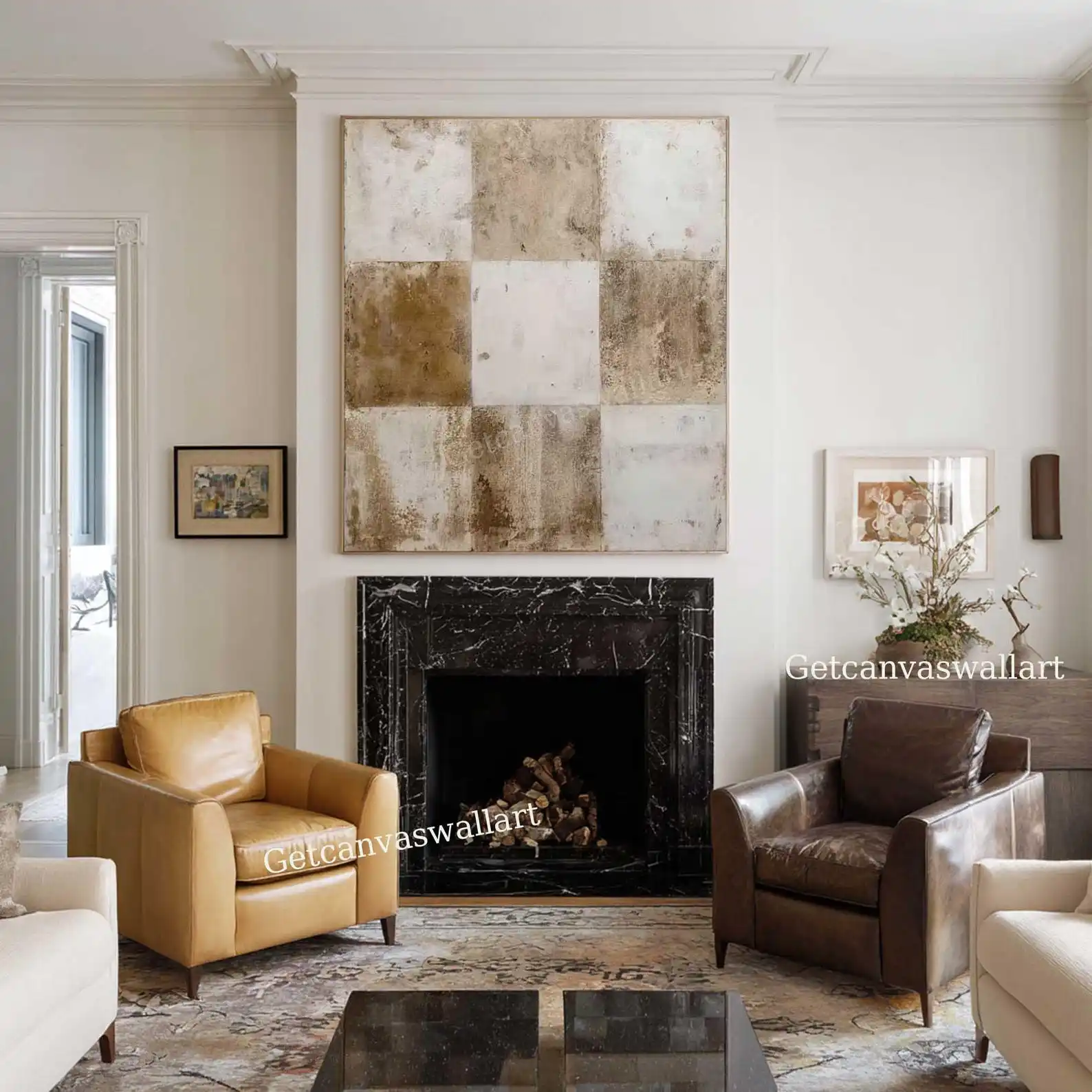 Mhemyo Japandi Minimalist Wall Art Neutral Textured Grid Hand Painted Painting Large Beige Square Textured Canvas Art Home Decor