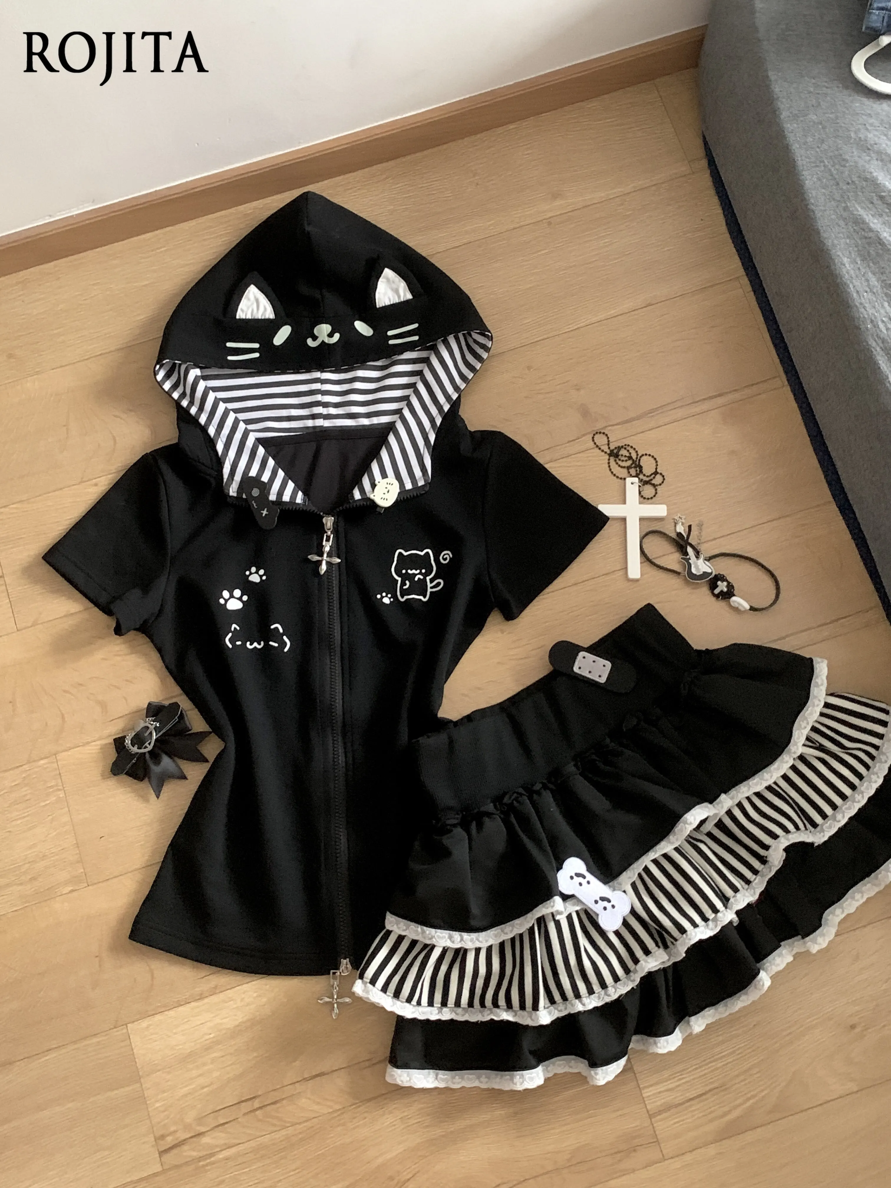 

Cute Cat Print Zip-Up Hoodie Soft Girl Cute Printed Short Sleeve Slim Waist Cat Ear Short Sleeve Top and Skirt Sold Separately