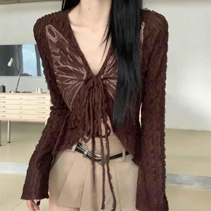 

Butterfly patchwork pleated blouse vintage lace-up cardigan Women Lace Up Split Sexy Spring Cardigans