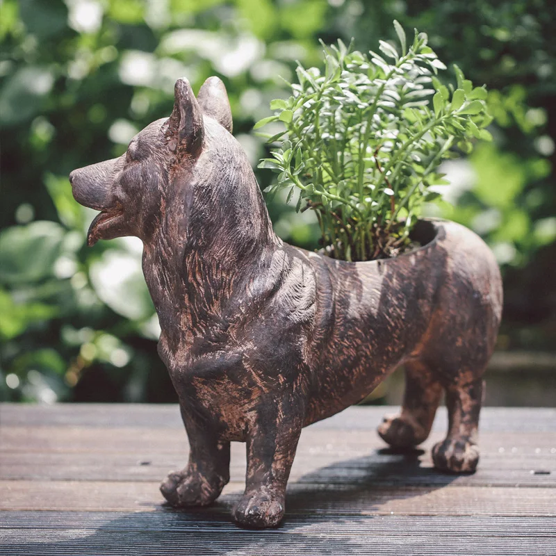 Corgi Dog Planter Pot Creative Animal Sculpture Garden Decor Outdoor Flower Pot for Succulents Balcony Floor Plant Container