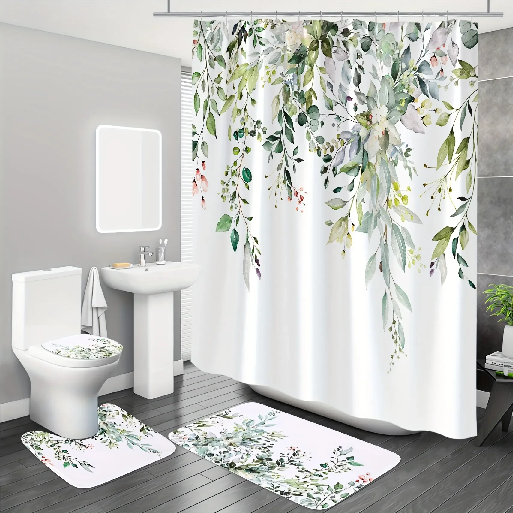 4 Pcs Eucalyptus Shower Curtain Set Waterproof Fabric Bath Curtain Green Plant Non-Slip Bath Mat Toilet Lid Cover Decor