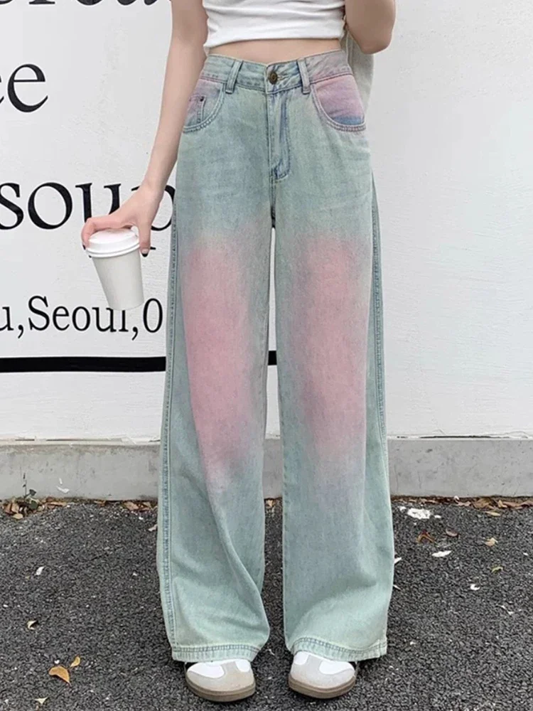 

Summer Chic Straight Street Simple Women High Waisted Jeans New Basic Contrast Color Fashion Loose Vintage Female Wide Leg Pants