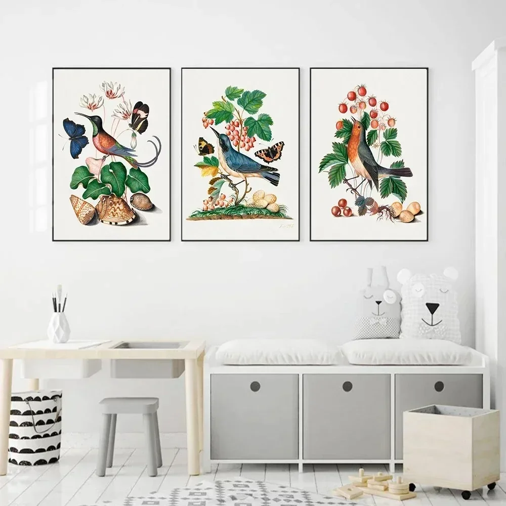 Nordischer Stil Cartoon-Blumen und -Vögel Minimalistische Wandkunst Leinwanddruck Poster für Wohnzimmer Moderne Heimdekoration