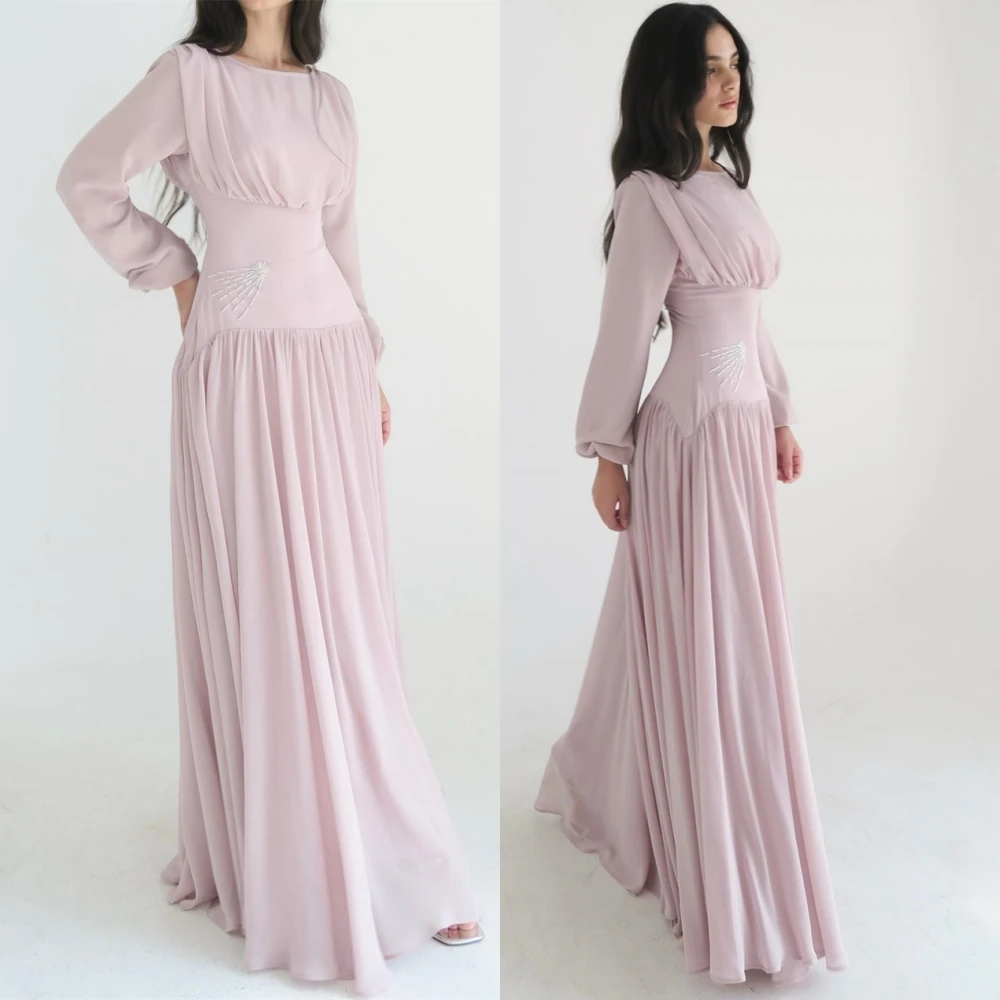 

Customized Temperament Jersey Evening Dress High Quality O-Neck Prom Dresses Delicate Long Sleeves Special Occasion Gowns