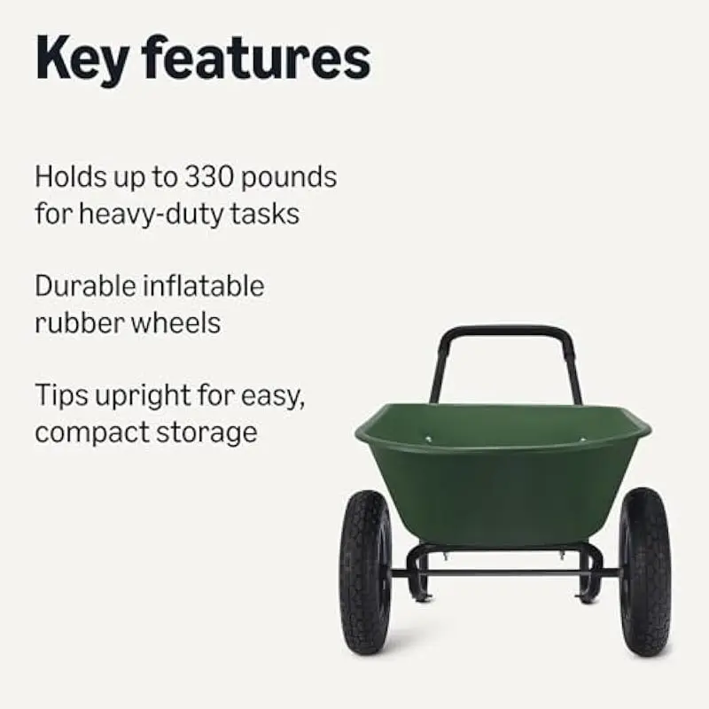 Heavy-duty garden wheelbarrow with 330 lb load limit and 3.7 cu ft capacity, green steel-frame design, inflatable rubber tires f