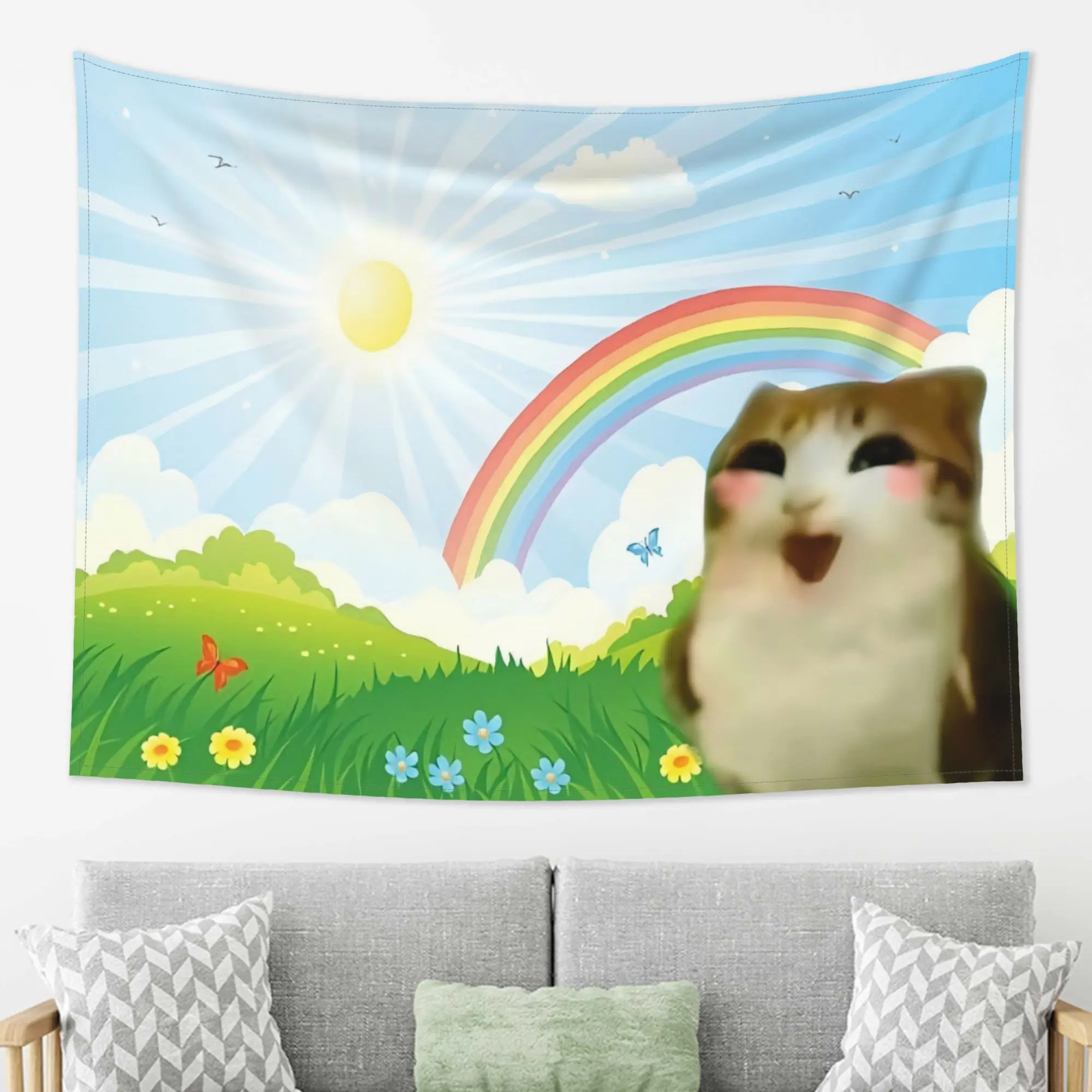 Happy Cat Meme Tapestry Rainbow Sunny Meadow Wall Hanging Funny Kawaii Room Decor cool room stuff aesthetic room decor pink room