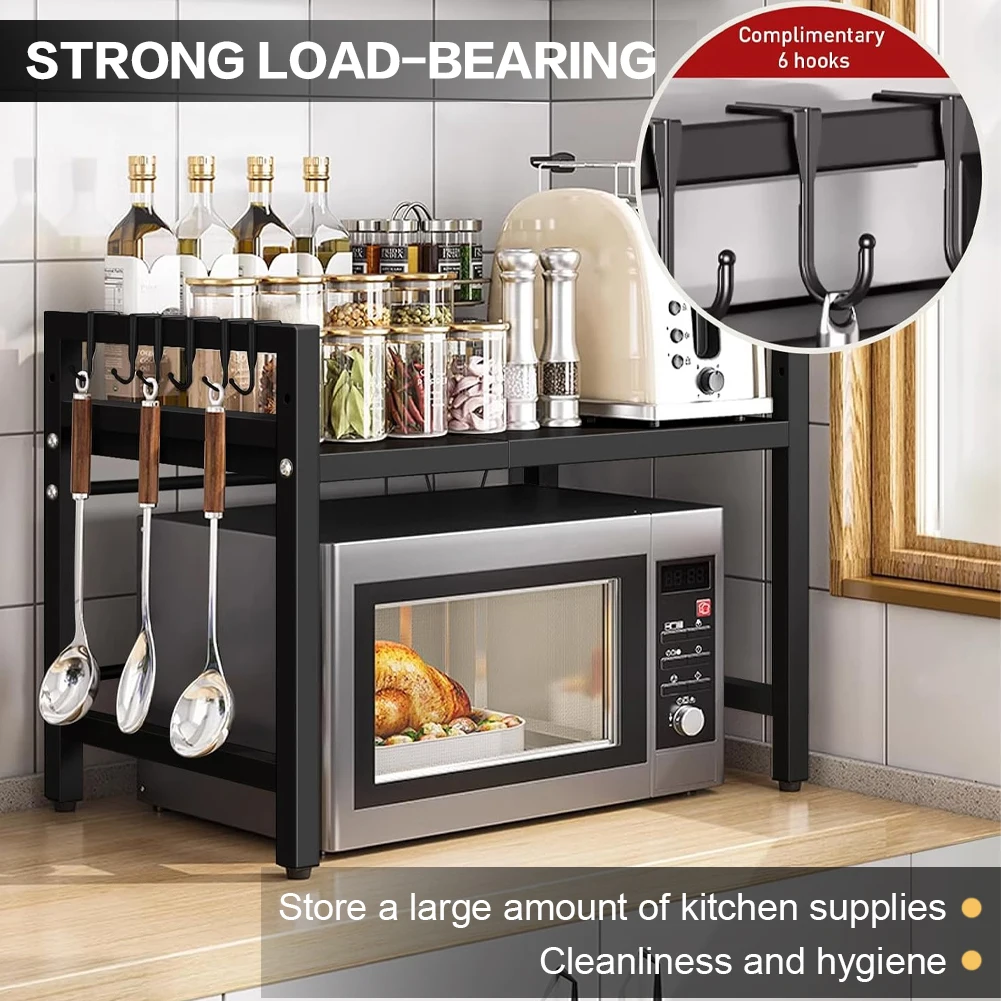 

Расширяемая стойка для микроволновой печи, многофункциональная выдвижная подставка для микроволновой печи с 6 крючками, подставка для хранения микроволновой печи для кухонной столешницы