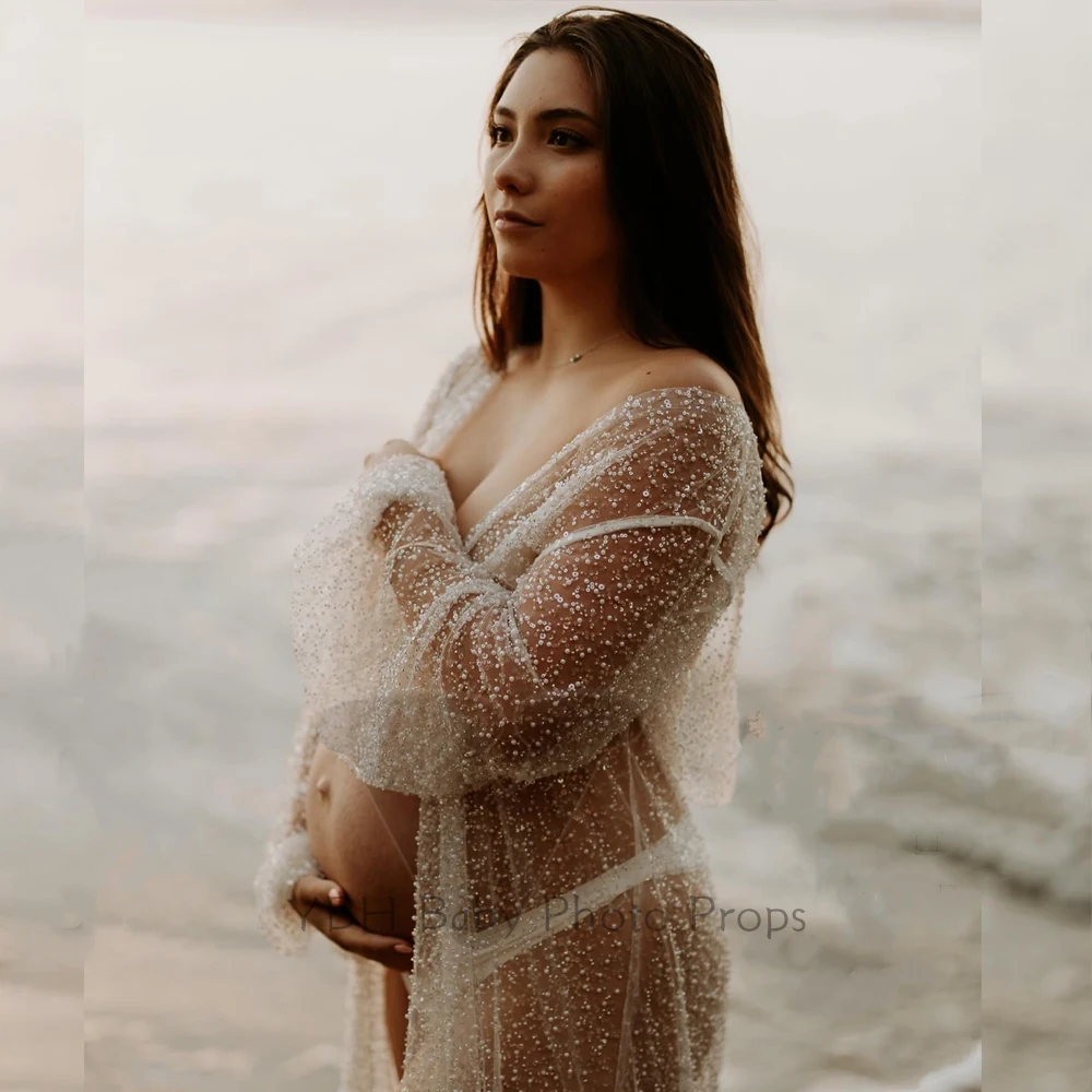

Sexy Maternity Photography Props Dress Transparent Mesh Studded Pearl Sequin Robe Photoshoot Photography Dress For Women