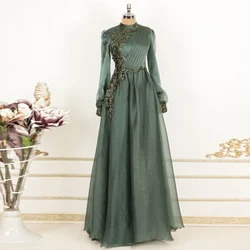 Robe De soirée De bal verte, longueur au sol, manches longues, Caftan marocain, col rond, élégante, perlée, 2022