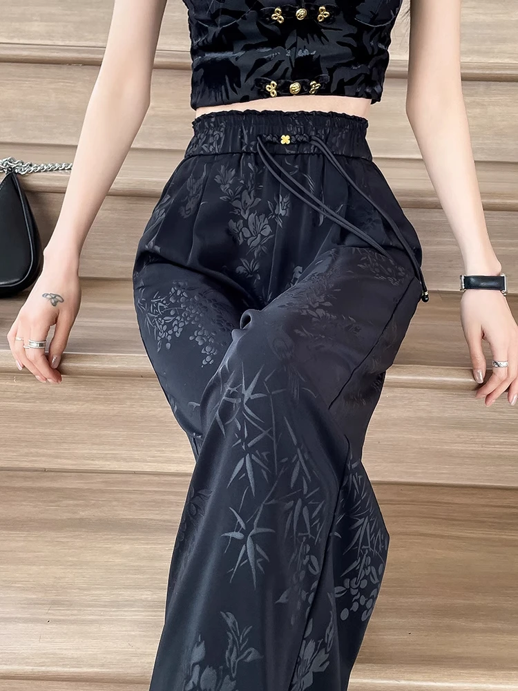 

New Chinese Sle Embroidered High Waist Wide Leg Pants Summer Breathable Long Trousers Women's Loose Fit Casual Straight Cut