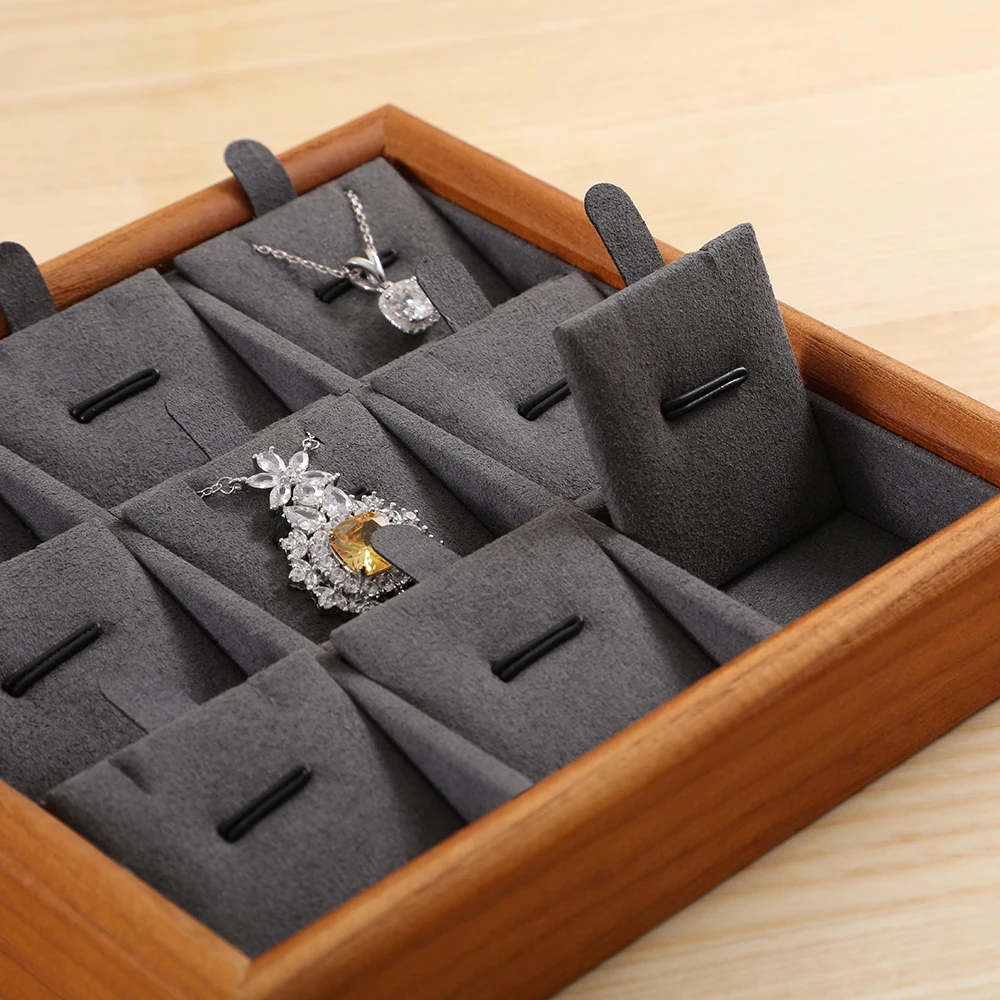 YinBeiNi Beige&Dark Gray Solid Wood Jewelry Display Tray Ring Necklace Earring Bracelet Organizer for Shop Cabinet Exhibition
