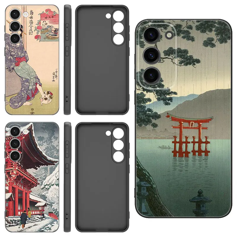 Ukiyo-e Japanese Style Art Black Silicone Phone Case For Samsung Galaxy S20 S23 FE S21 S22 S24 Ultra S10 Lite S8 S9 Plus S7 Edge