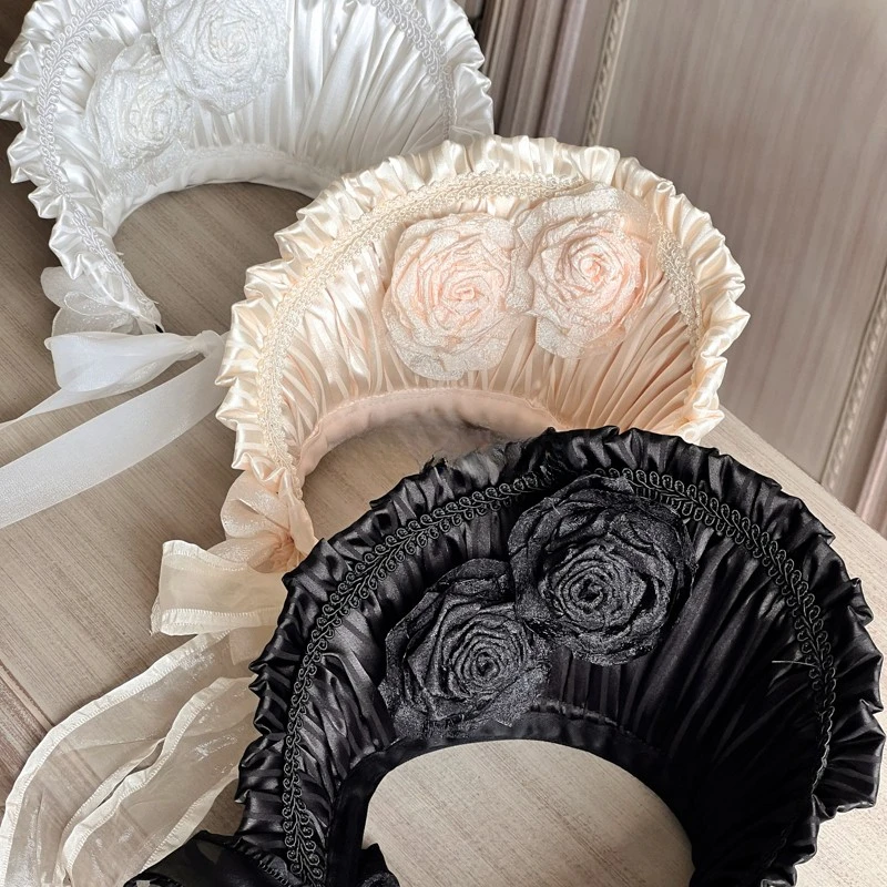 Headdress Women's Hat Lace Pleated Fabric Plant Flower Decorations With Strap Lace Black and White Sunshade Clothing Accessories