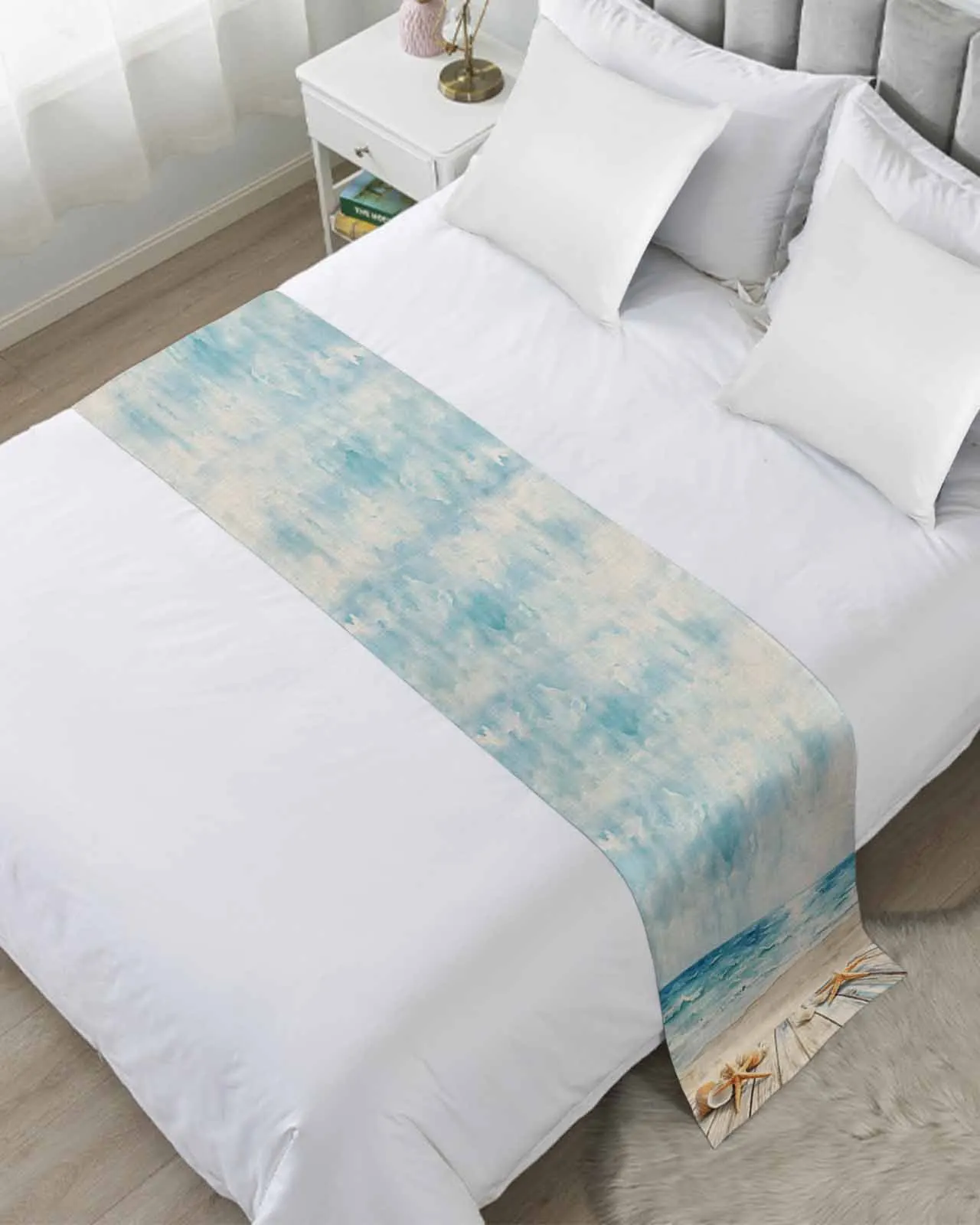 

Summer Beach Ocean Starfish Plank Bed Runner Luxury Hotel Bed Tail Scarf Decorative Cloth Home Bedroom