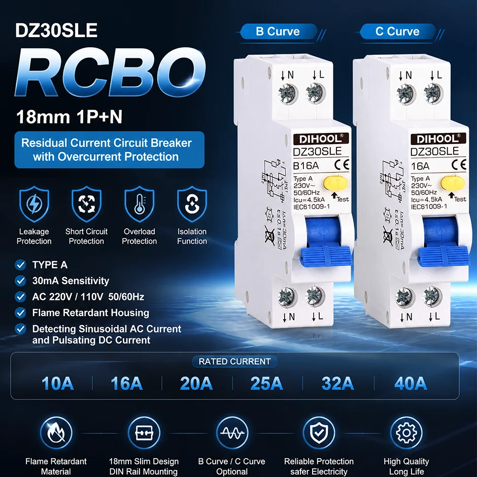 DPNL RCBO Residual Current Circuit Breaker Type a 30mA B/C Curve RCD MCB 1P+N Leakage Protection 10A 16A 20A 32A 40A Amp Ratings