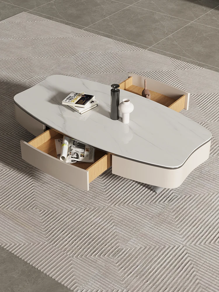 Modern Simple Living Room Light Luxury Rock Plate Tea Table Nordic Small Unit Cream Style Oval Tea Table