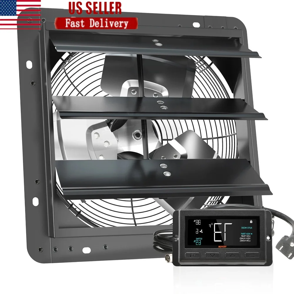 12 Inch Exhaust Shutter Fan with Temperature Humidity Regulator EC Motor 940 CFM 10 Speed Wall Mount Cooling Ventilation