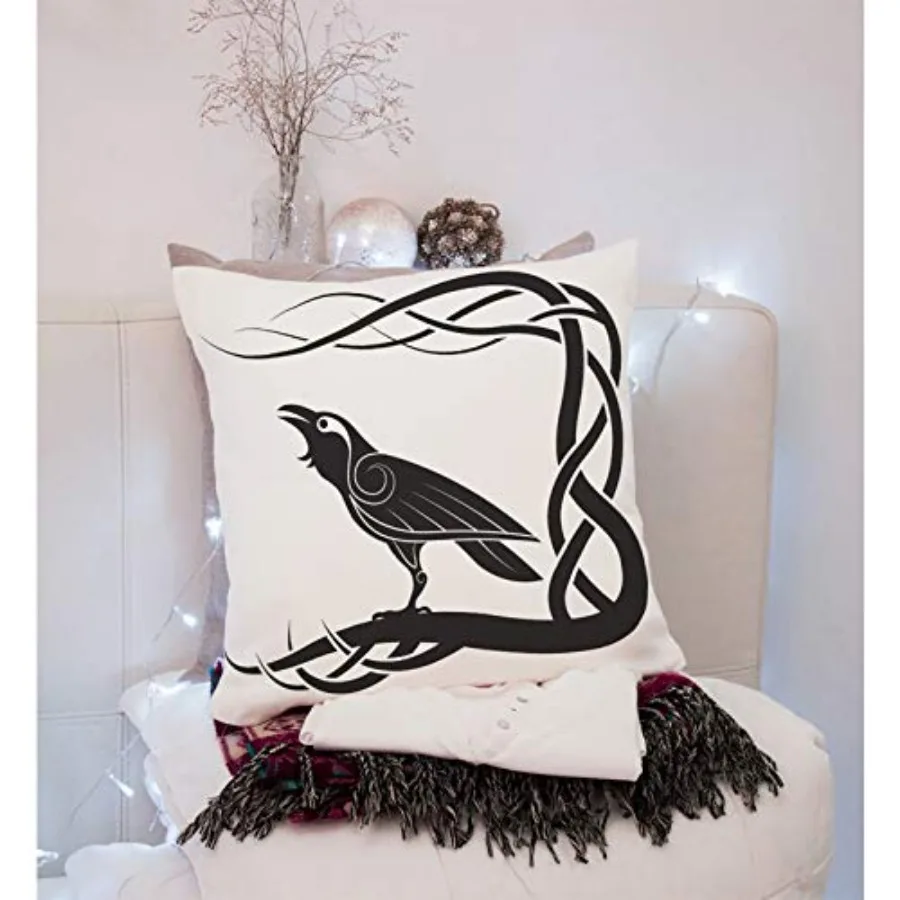 Throw Pillow Covers Black Celtic Pagan White Crow Mythology Cotton Linen Decorative Square Pillowcases Cushion Cover 18 X 18 In