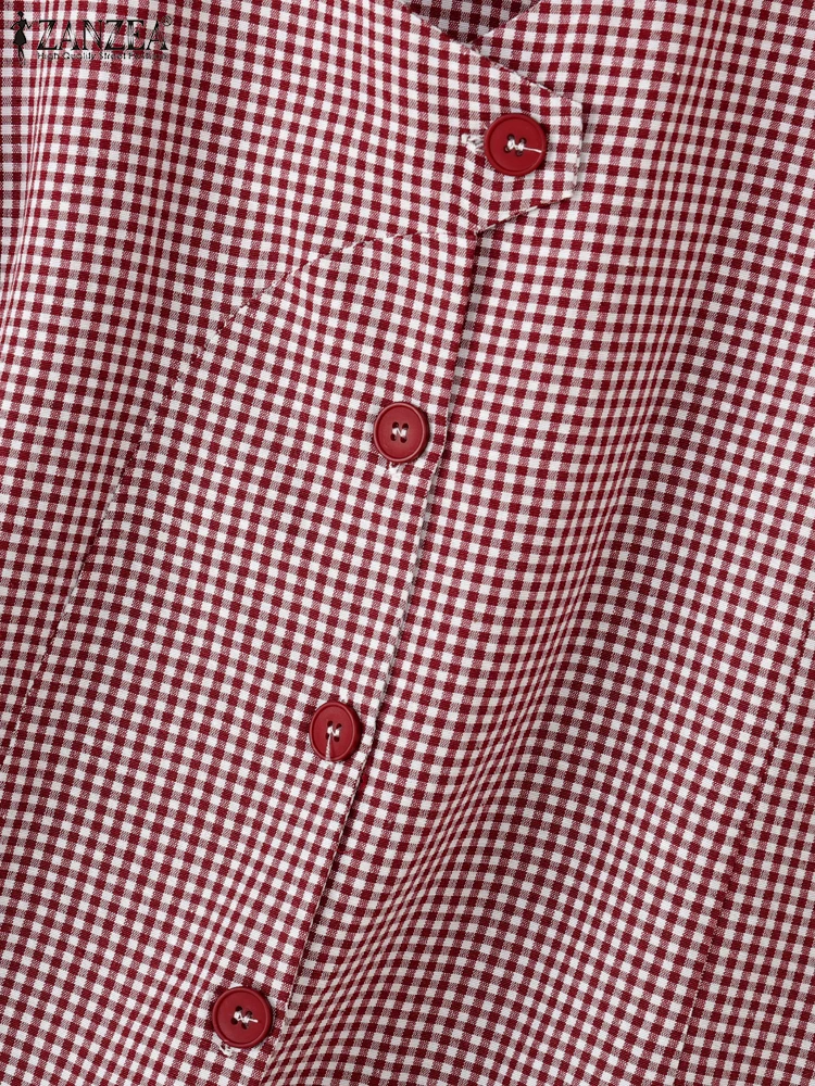 ZANZEA Damen-Sommer-Tanktops mit Gingham-Motiv, stilvoll, asymmetrisch, mit Knöpfen vorne, V-Ausschnitt, Westen, lässig, Pendeln, ärmellose Oberteile