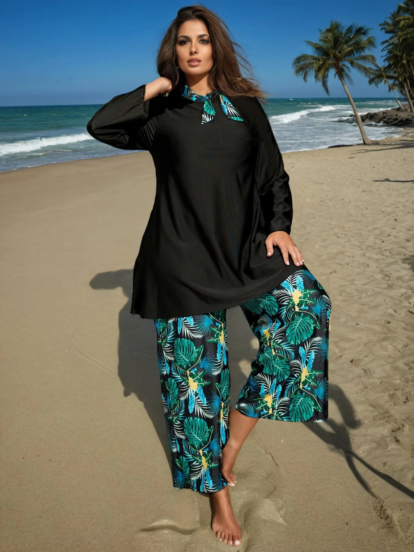 

L-4XL, 2 шт., элегантный буркини больших размеров, скромный купальник, зеленое платье с длинными рукавами и цветочным принтом, женские купальники, пляжная одежда