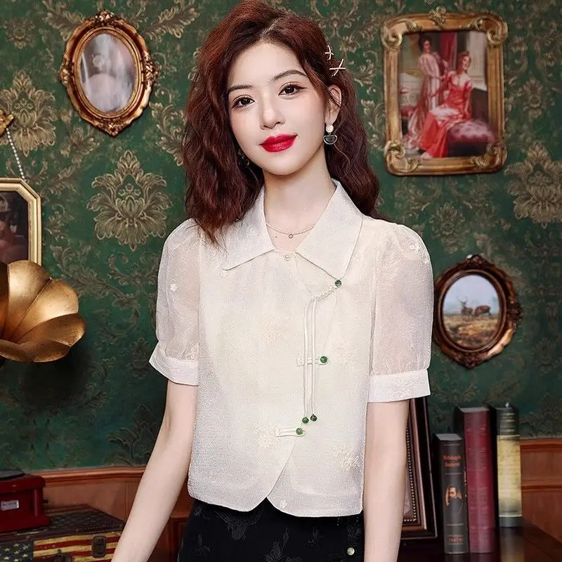 

New Chinese Style High-end Feel Pleated Chiffon Shirt Women's Short Unique Stylish Blouse