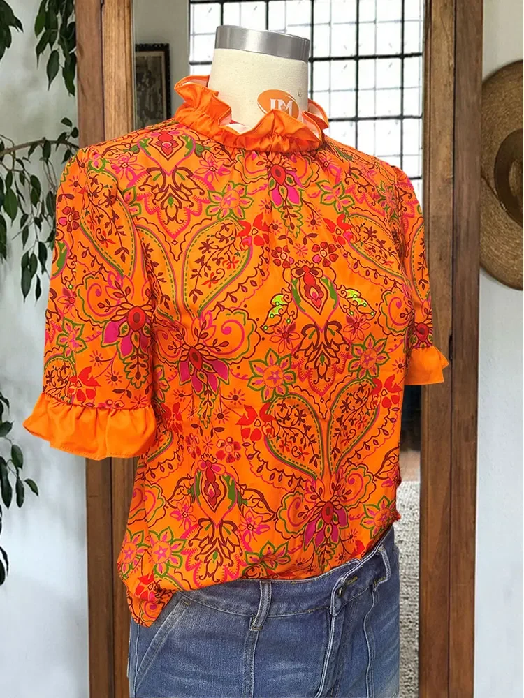 Women\'s Elegant Blouse Puff Sleeve Paneled Graphic Print Top