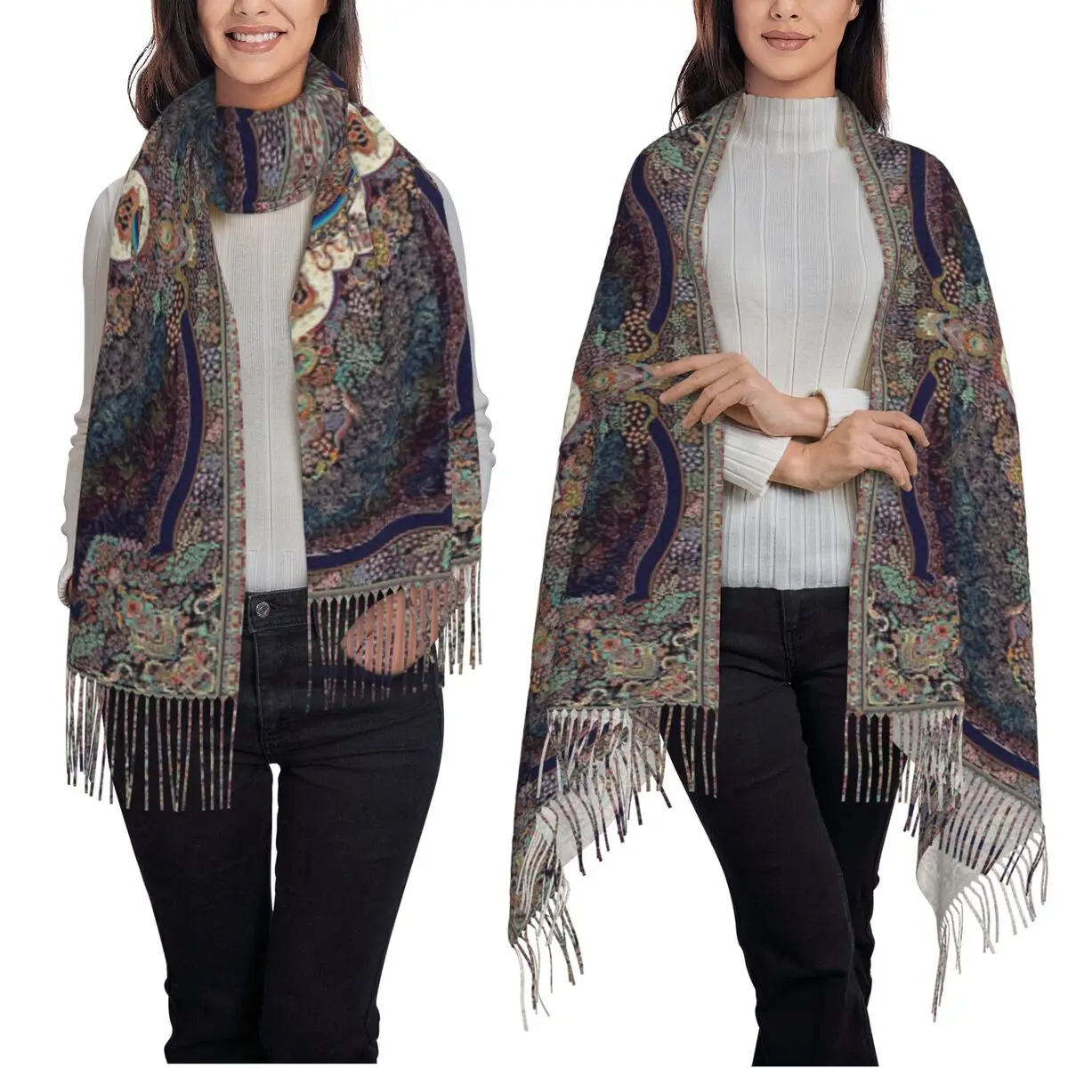 Bohemia Ethnic Antique Persian Carpet Tribal Rug Style Scarf Tassel Scarves Women Shawls and Wraps Large Fall Winter Shawl Wrap