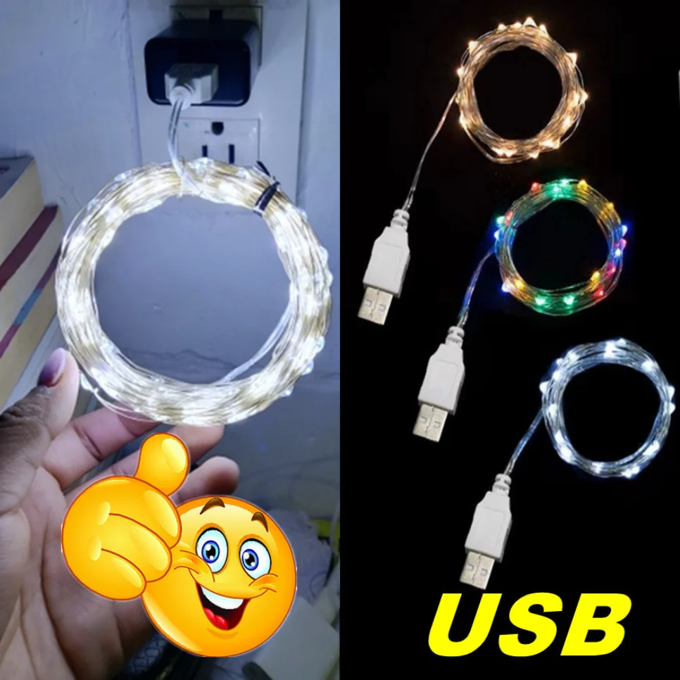 5 メートル 10 メートル 20 メートル USB LED ストリングライト DC 5V シルバーワイヤーガーランドライト防水クリスマスライトクリスマスウェディングパーティーの装飾