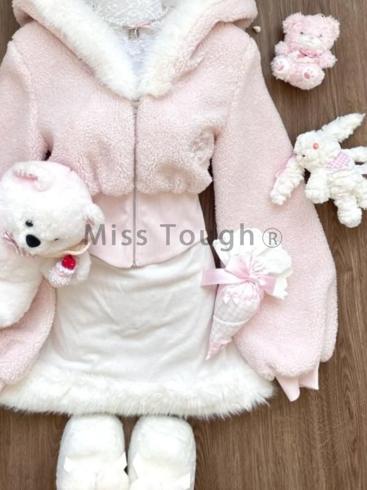 Autumn Winter Pink Long Sleeve 2-piece Set Women Cute Sweet Zipper Hooded Short Coat Female + Solid Bow Warm Sling Dress 2024