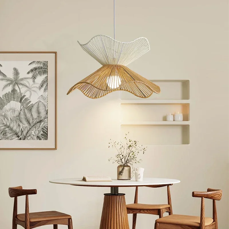 Hand-woven Braided Rope Pendant Light for Restaurant Living Room LED Hat Hanging Lamps Japanese Wood Chandelier Dining Table