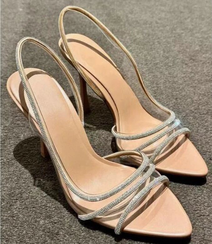 

Fashion Bling Crystal Stripe PVC Peep Toe Sandals 8 cm Nude Patent Leather Thin High Heel Slingbacks Woman Pumps