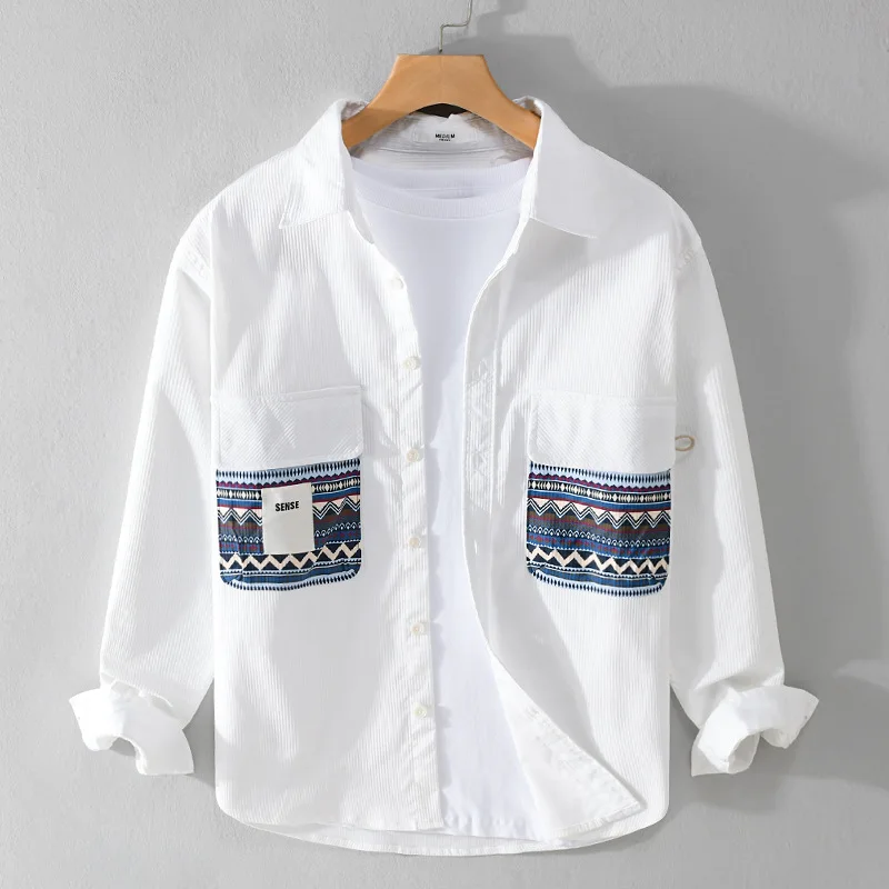 

9533 Fashionable Pinstripe Patchwork Simple Blouse For Man Spring Fall Business Casual Daily Loose Japan Style Shirts Male Tops