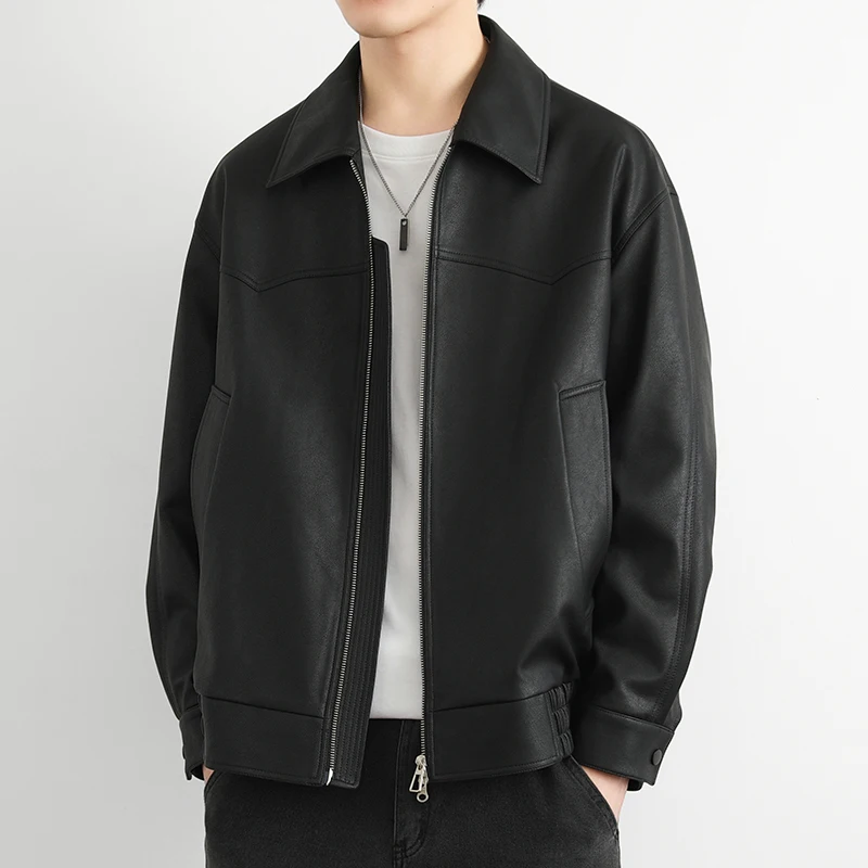 2024 Autumn Men Loose Casual Retro Streetwear Fashion Leather Short Bomber Jacket Motorcycle Coat Spring Outerwear