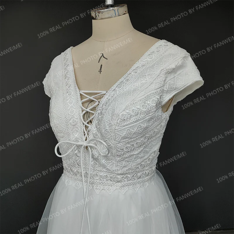 Vestido de novia de línea a con cordones y escote en V, elegante, sencillo, con Espalda descubierta, 9693