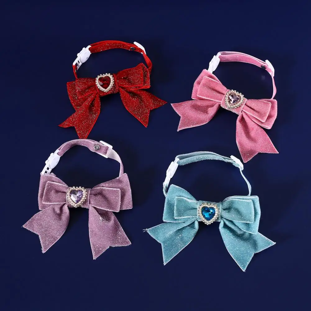 Non-fading Pet Collar Velvet Bow Tie Cat Dog Collar Set with Heart Shape Rhinestone Decoration Adjustable Anti-choking Puppy