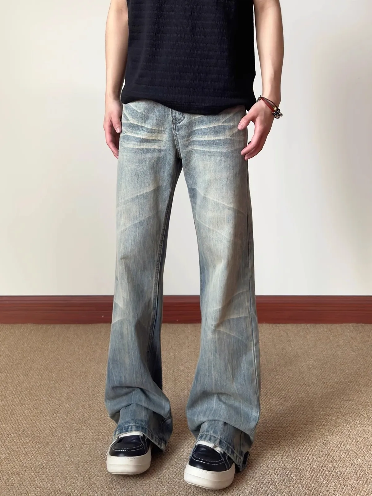 

Cleanfit American High Street Slim Fit Bell Bottom Jeans Lightning Straight Leg Trousers K728 Youth Fashion Wear