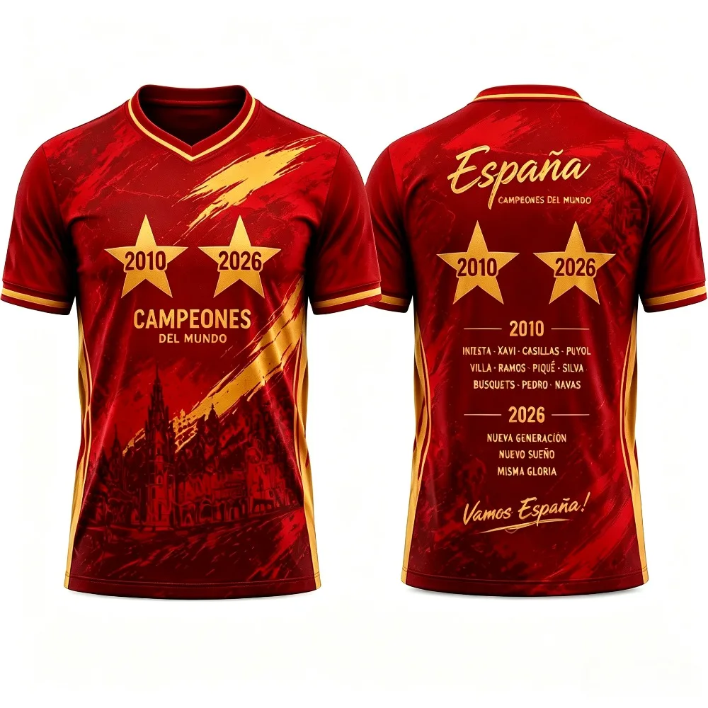 Summer Spain Champions 2010 2026 Tribute Jersey Red Gold Soccer Fan Shirt Unisex Short Sleeve Football Sports Breathable Tee