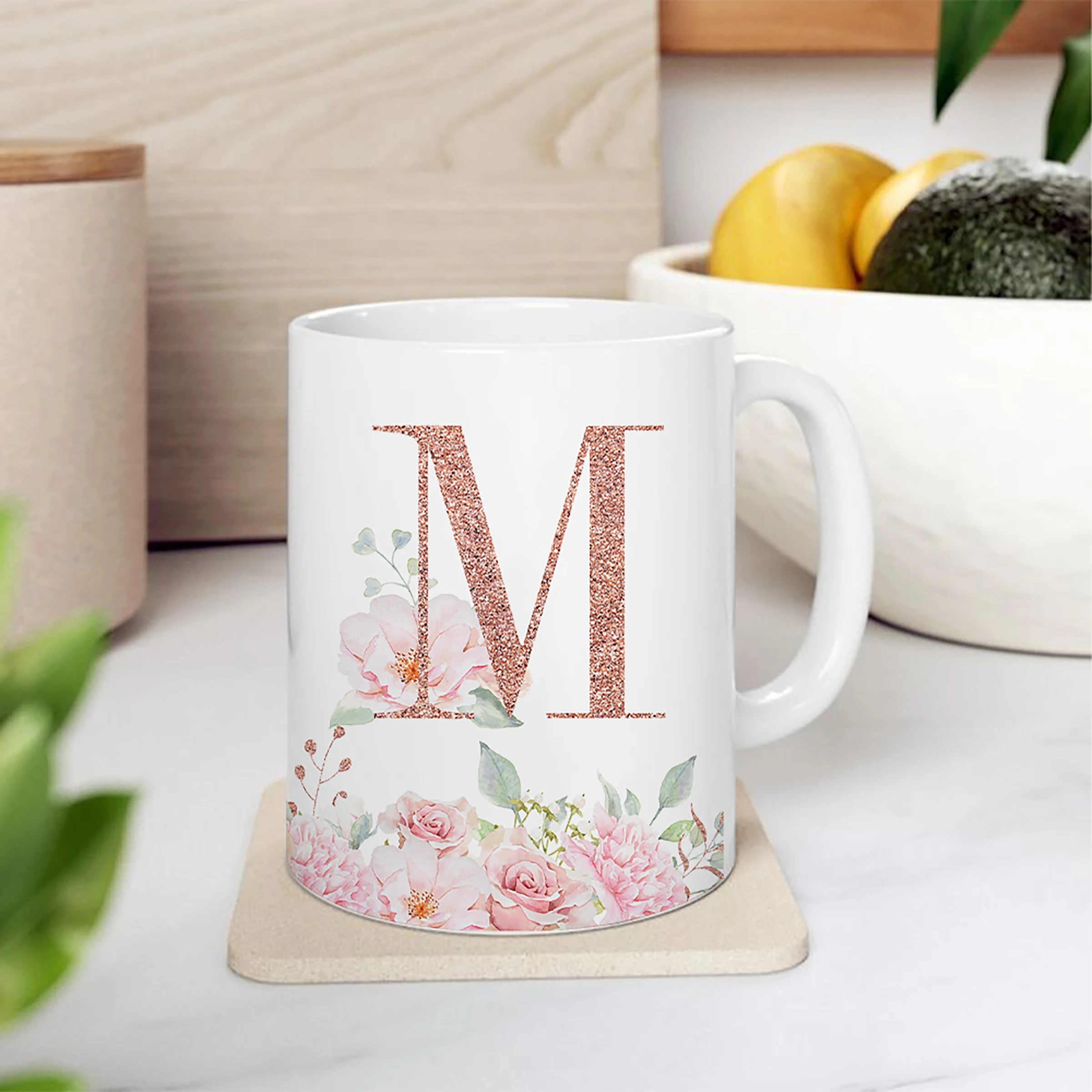 11oz Trendy Flower Letters A-Z Women Mugs Coffee Cups High Quality Ceramics Wedding Bridesmaid Mug Cup Gifts With Handgrip