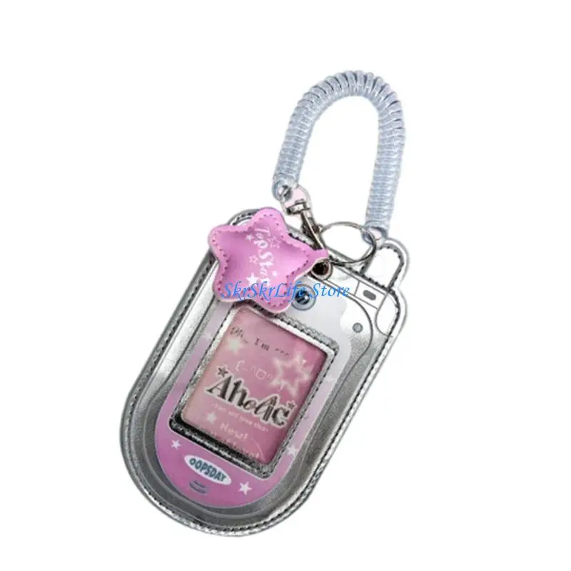 E65E Phone Shaped Card Holder Card Sleeve with Retractable Spring Coil Keychain