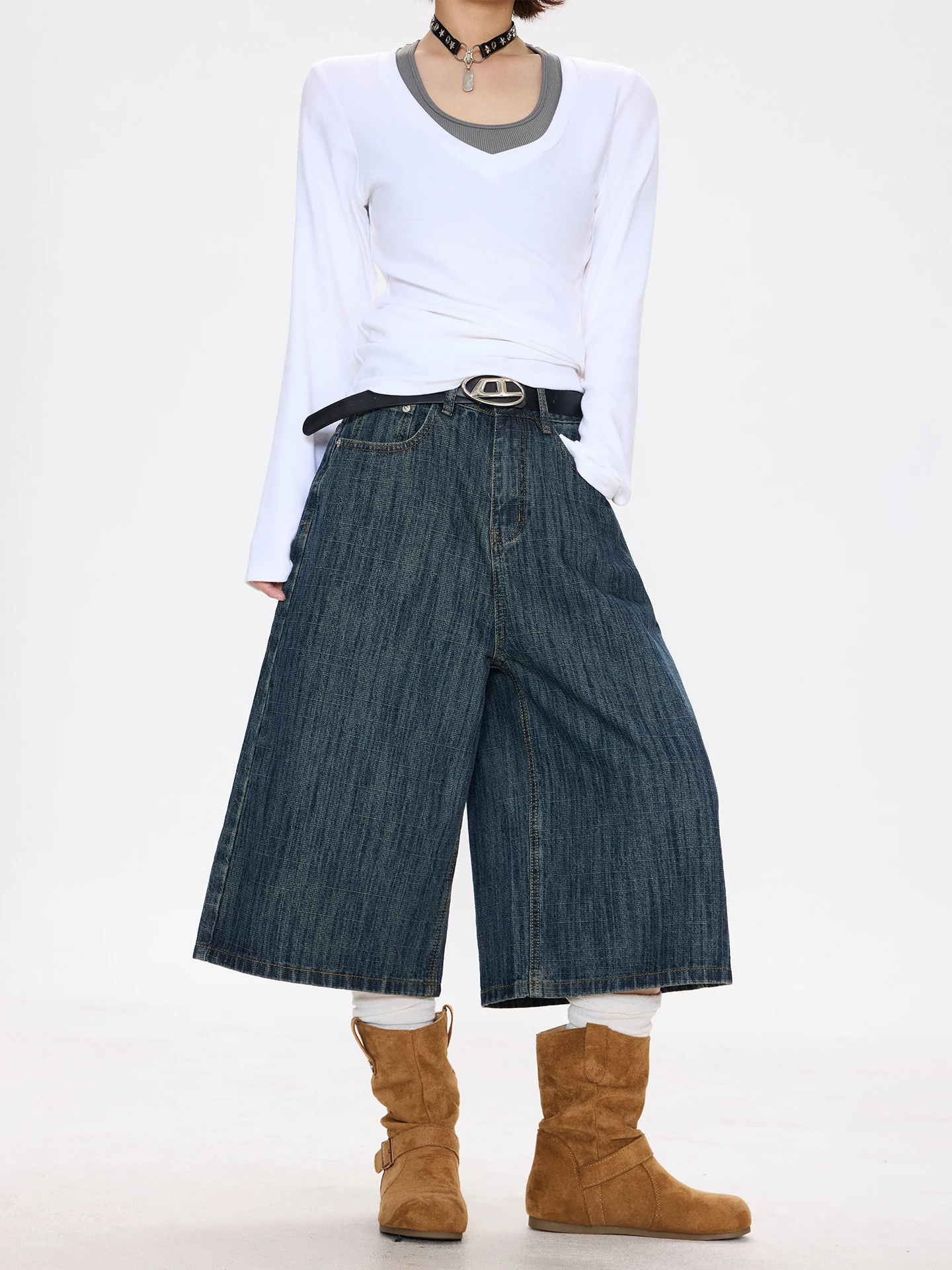 

Chen Zhanlao Store American Bamboo Node Pattern Wide Leg Seven-Foot Pants Women's Retro Loose Casual Straight Leg Jeans