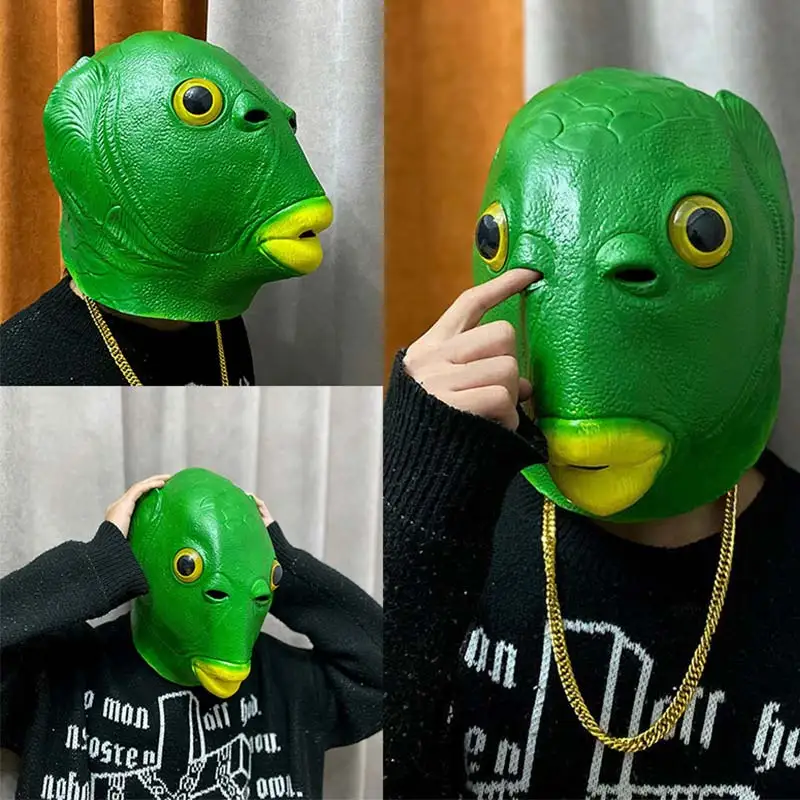 

Animal Full Face Weird Green Fish Mask Latex Fish Headgear Party Horror Spoof Funny Mask Halloween Cosplay Latex Helmet Props