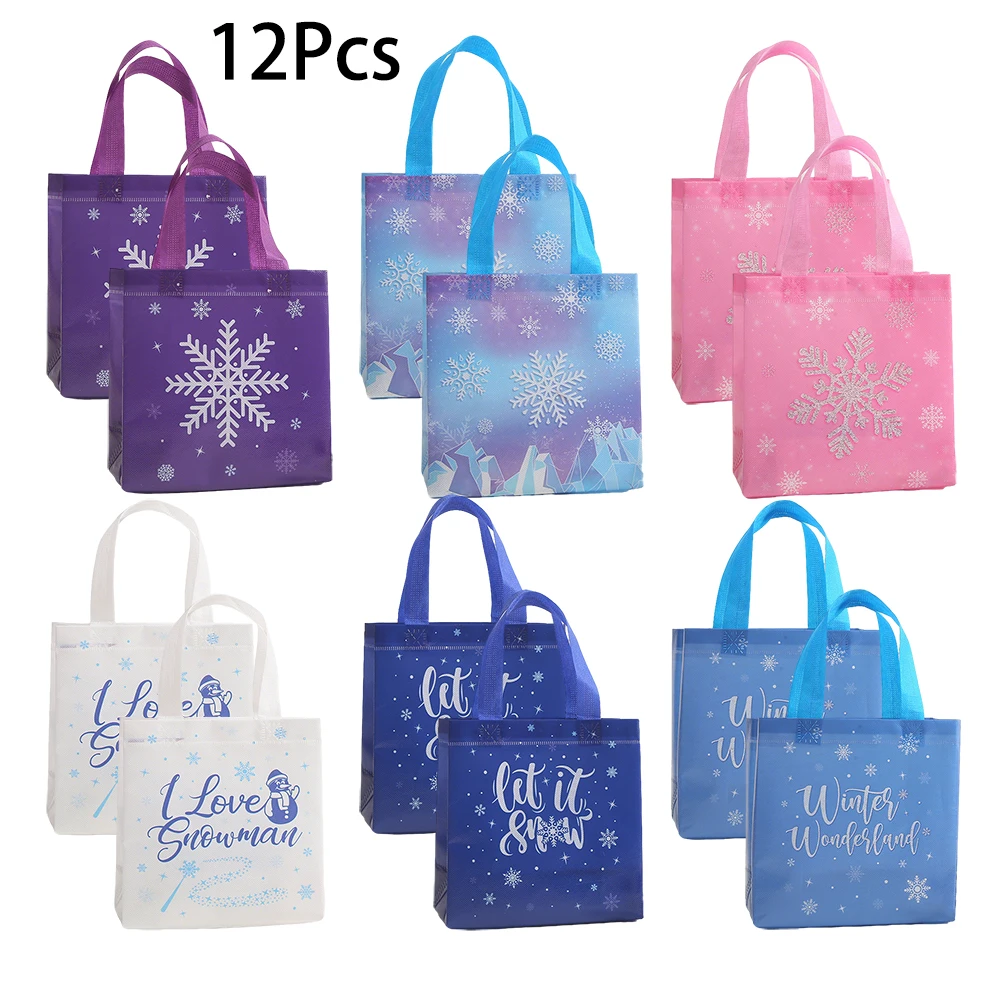 12 Stück „Let It Snow“-Thema, Vlies-Geschenk-Verpackungsbeutel, Schneeflocken-Einkaufstaschen für frohe Weihnachten, Neujahrsparty-Dekoration – Detail 1