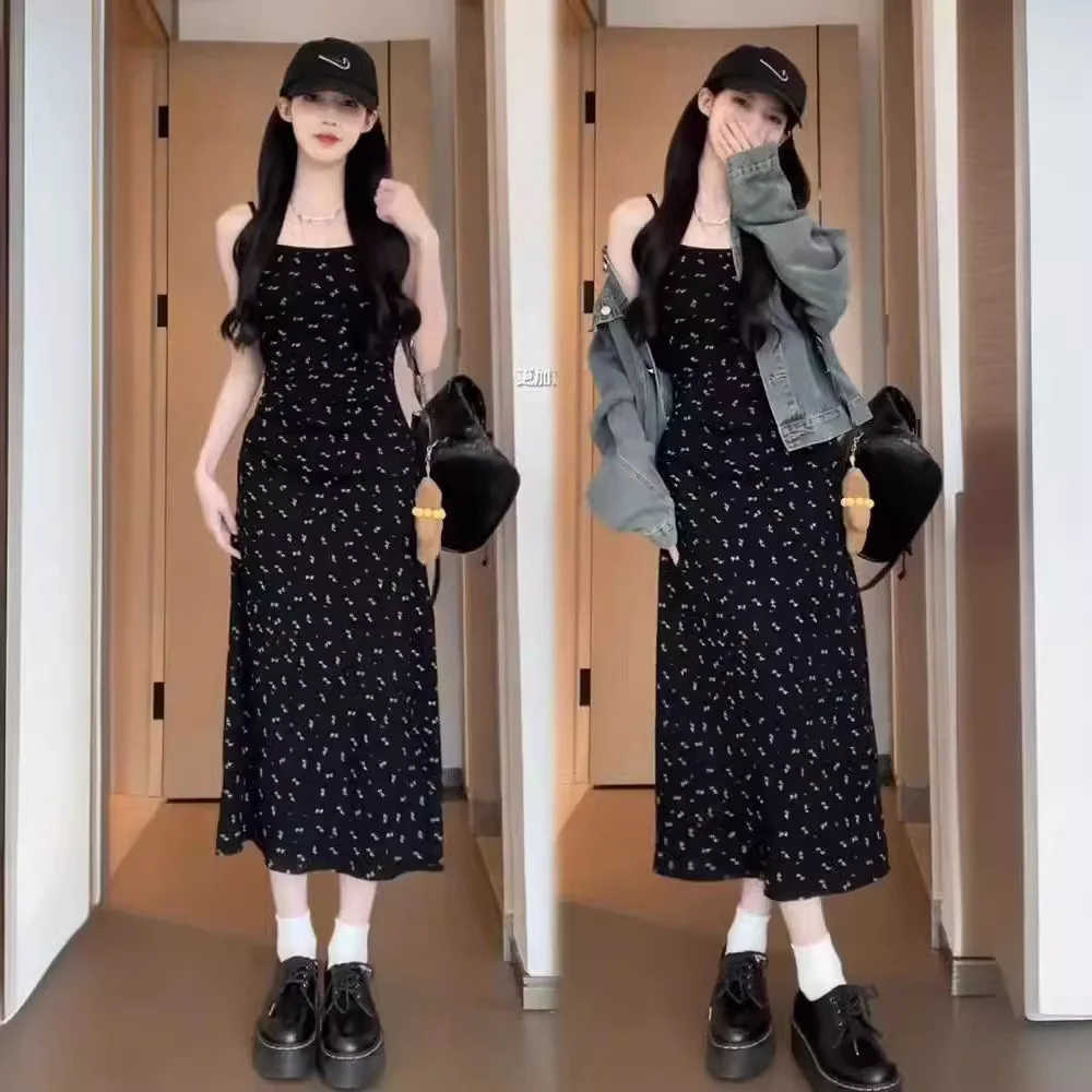 JHJN Sommerkleider für Damen, große Größen, schwarzes Blumen-Neckholder-Kleid für Mädchen, 2024, neuer Stil, dünne lange Kleider, Damenbekleidung, Vestidos