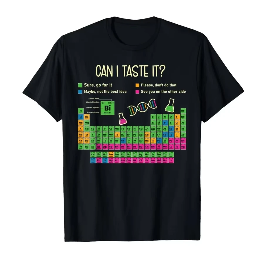 T-shirt humoristique « Peut-on lécher ça » avec tableau des éléments pour professeur de sciences, 100 % coton, pour hommes et femmes