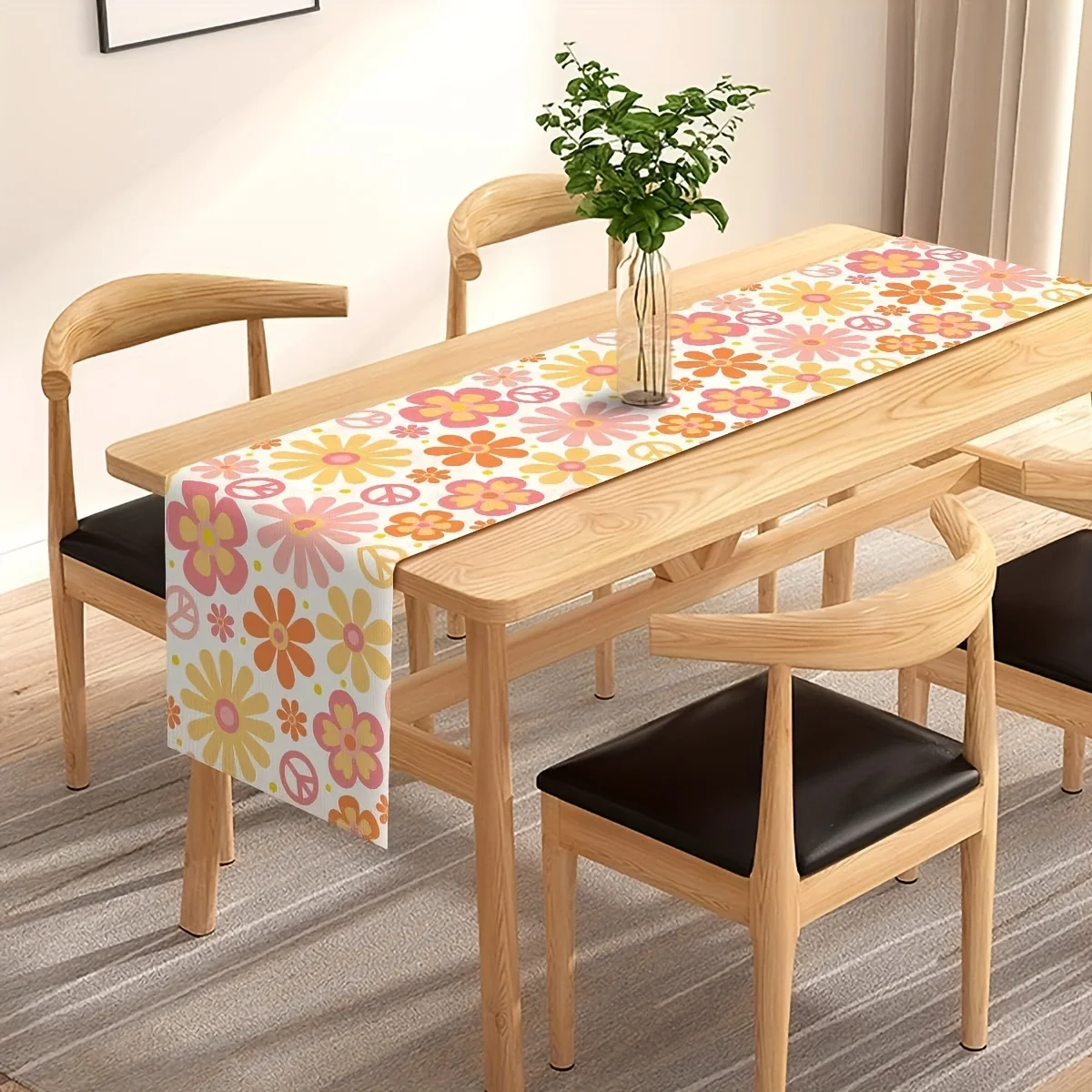 1 Piece of Hippie Daisy and Peace Heart Design Table Runner, Suitable for Farmhouse, Indoor, Kitchen, Celebrations, Table Decoration, Restaurant and Banquet Decoration Supplies