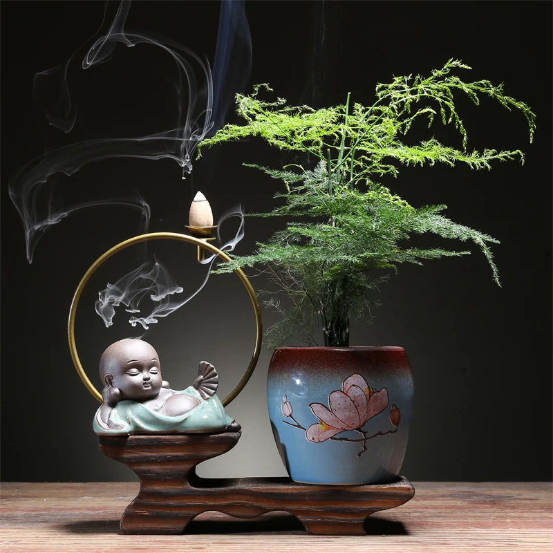 little monk tea pet ornaments Zen backflow incense table green plant bonsai Kung Fu set accessories